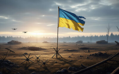 Digital illustration of a tattered Ukrainian flag fluttering in the wind against a backdrop of ruined buildings and a rising sun, representing national resilience during the Russia-Ukraine war.