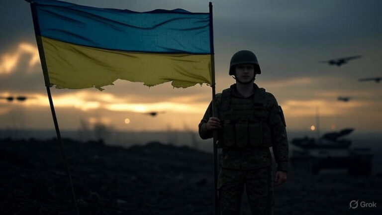 Ukrainian soldier holding a tattered flag on a war-torn battlefield at dusk, with damaged tanks and drones in the background, symbolizing resilience in the Russia-Ukraine conflict.