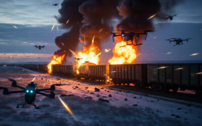 Dramatic night scene of Ukrainian FPV drones striking a Russian fuel train, erupting in massive flames amid occupied territory, symbolizing asymmetric warfare success.
