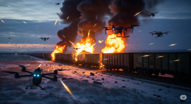 Dramatic night scene of Ukrainian FPV drones striking a Russian fuel train, erupting in massive flames amid occupied territory, symbolizing asymmetric warfare success.