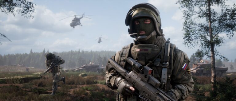 A close-up of a masked soldier holding a rifle, with a Russian flag patch on the uniform, standing in a forested battlefield. In the background, another soldier runs, helicopters hover, and a tank is visible under a cloudy sky.