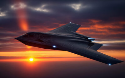 A sleek, dark silhouette of the B-21 Raider stealth bomber soaring through a stormy sky, symbolizing advanced military technology and strategic power. The aircraft's flying wing design cuts through clouds, evoking mystery and dominance in modern warfare.