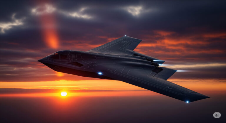 A sleek, dark silhouette of the B-21 Raider stealth bomber soaring through a stormy sky, symbolizing advanced military technology and strategic power. The aircraft's flying wing design cuts through clouds, evoking mystery and dominance in modern warfare.