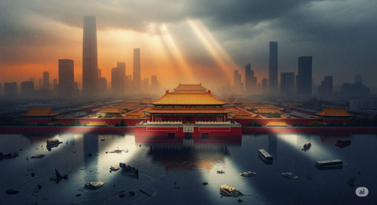 A dramatic aerial view of Beijing shrouded in smog and floodwaters, symbolizing the city's environmental and urban planning crises. The image captures towering skyscrapers emerging from hazy, flooded streets under a stormy sky.