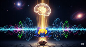 A vibrant digital illustration showing a human mind emitting rays of light that transform a dormant seed into a blooming flower amidst swirling quantum particles, symbolizing the power of intention in shaping reality.