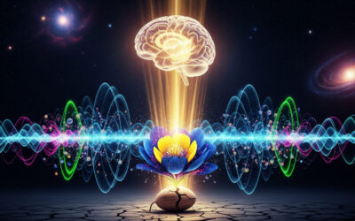 A vibrant digital illustration showing a human mind emitting rays of light that transform a dormant seed into a blooming flower amidst swirling quantum particles, symbolizing the power of intention in shaping reality.