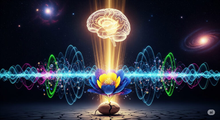 A vibrant digital illustration showing a human mind emitting rays of light that transform a dormant seed into a blooming flower amidst swirling quantum particles, symbolizing the power of intention in shaping reality.