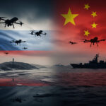 Dramatic visualization showing Chinese and Russian flags intertwined over a war-torn landscape, symbolizing Beijing's shadow support for Moscow's invasion of Ukraine.