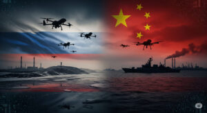 Dramatic visualization showing Chinese and Russian flags intertwined over a war-torn landscape, symbolizing Beijing's shadow support for Moscow's invasion of Ukraine.