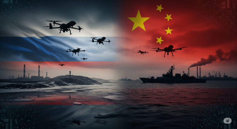 Dramatic visualization showing Chinese and Russian flags intertwined over a war-torn landscape, symbolizing Beijing's shadow support for Moscow's invasion of Ukraine.