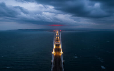 A dramatic aerial view of the Kerch Strait Bridge under a stormy sky, symbolizing Ukraine’s strategic pressure on Russian-controlled Crimea.