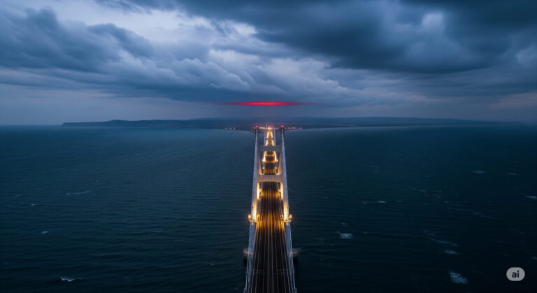 A dramatic aerial view of the Kerch Strait Bridge under a stormy sky, symbolizing Ukraine’s strategic pressure on Russian-controlled Crimea.