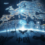 A symbolic image depicting Europe rising in the tech world, with a glowing circuit board shaped like the EU map overshadowing American and Chinese tech icons.