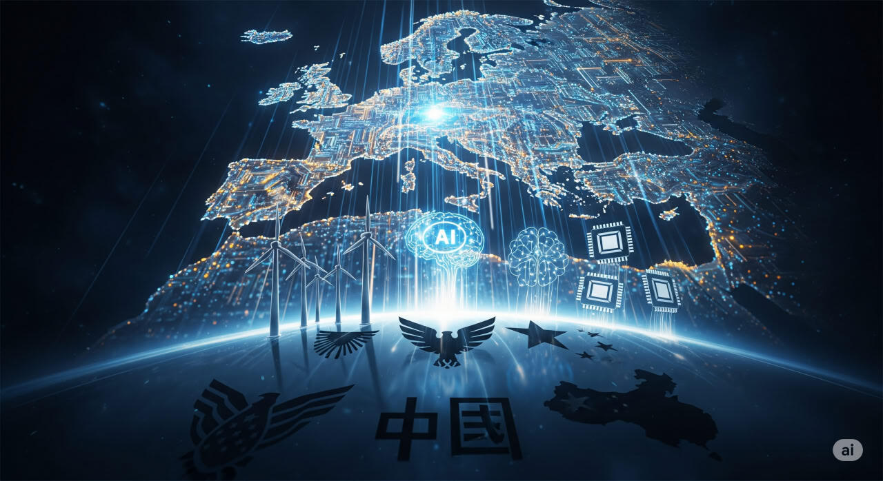 A symbolic image depicting Europe rising in the tech world, with a glowing circuit board shaped like the EU map overshadowing American and Chinese tech icons.