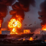 Dramatic scene of a Russian oil refinery engulfed in flames from a drone strike, symbolizing the escalating pressure on Russia's energy sector amid U.S. tariff threats and the Ukraine war. Dark smoke billows against a stormy sky, with silhouetted tanks and pipelines in the foreground.