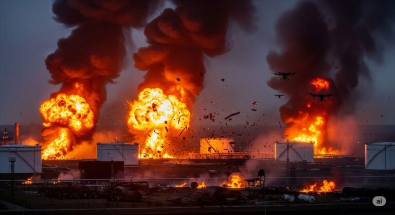 Dramatic scene of a Russian oil refinery engulfed in flames from a drone strike, symbolizing the escalating pressure on Russia's energy sector amid U.S. tariff threats and the Ukraine war. Dark smoke billows against a stormy sky, with silhouetted tanks and pipelines in the foreground.