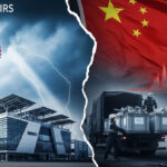 Intense illustration of US and Chinese flags entangled over mining equipment and EV batteries, representing the 2025 trade tensions over critical minerals.