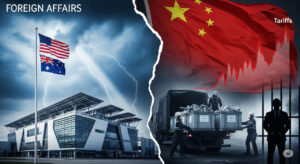 Intense illustration of US and Chinese flags entangled over mining equipment and EV batteries, representing the 2025 trade tensions over critical minerals.