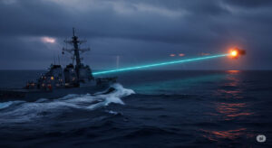 A dramatic depiction of a US Navy destroyer firing a high-energy laser beam across turbulent ocean waves under a stormy sky, symbolizing advanced naval warfare technology and defense innovation.