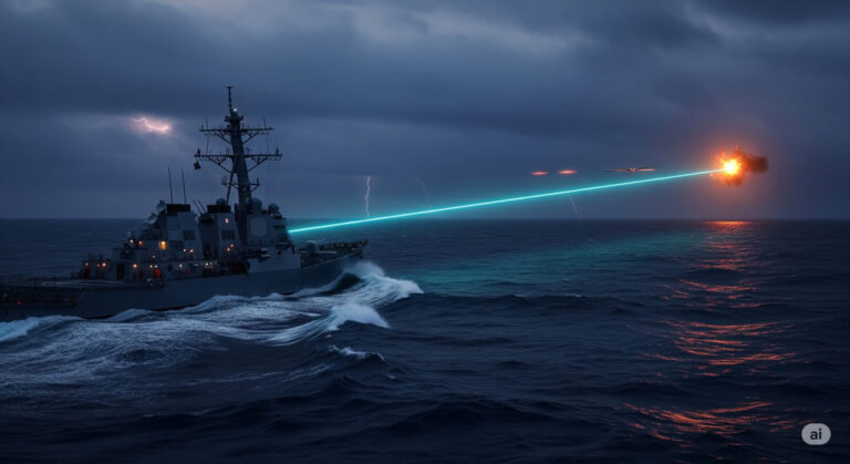 A dramatic depiction of a US Navy destroyer firing a high-energy laser beam across turbulent ocean waves under a stormy sky, symbolizing advanced naval warfare technology and defense innovation.