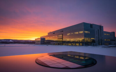 A futuristic semiconductor fab in Hokkaido, Japan, glows under a vibrant sunset, symbolizing the nation’s ambitious return to the global chip race.