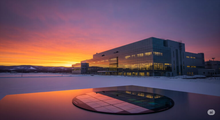 A futuristic semiconductor fab in Hokkaido, Japan, glows under a vibrant sunset, symbolizing the nation’s ambitious return to the global chip race.