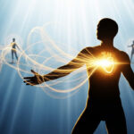 A symbolic representation of the mind-body connection through service and love, showing the transformation from self-focused to other-focused living for optimal health.