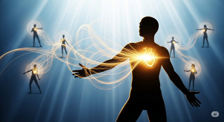 A symbolic representation of the mind-body connection through service and love, showing the transformation from self-focused to other-focused living for optimal health.