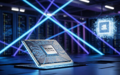 A futuristic data center glows with beams of light, symbolizing NVIDIA’s optical chip breakthrough and AI infrastructure advancements.