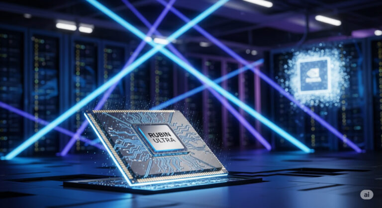 A futuristic data center glows with beams of light, symbolizing NVIDIA’s optical chip breakthrough and AI infrastructure advancements.