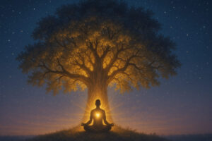 A serene figure sits in meditation under a glowing tree, symbolizing spiritual awakening and inner peace.