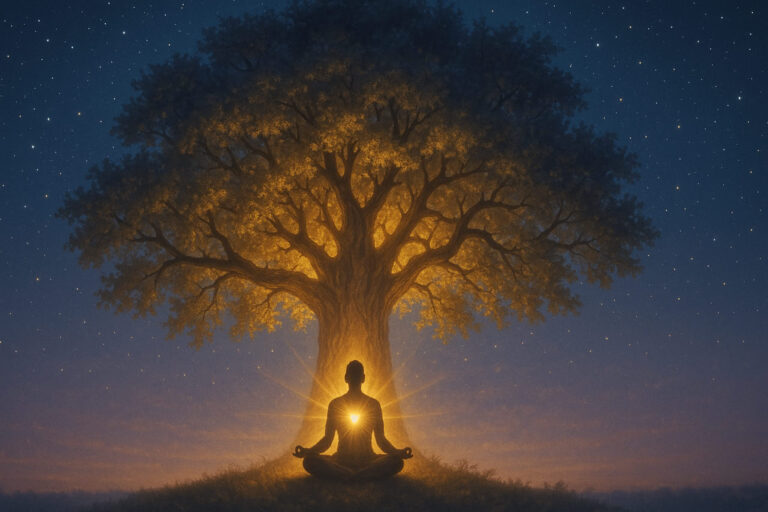 A serene figure sits in meditation under a glowing tree, symbolizing spiritual awakening and inner peace.