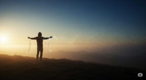 A serene figure stands at a crossroads under a dramatic sky, releasing glowing chains into the wind, symbolizing forgiveness and detachment for personal growth.