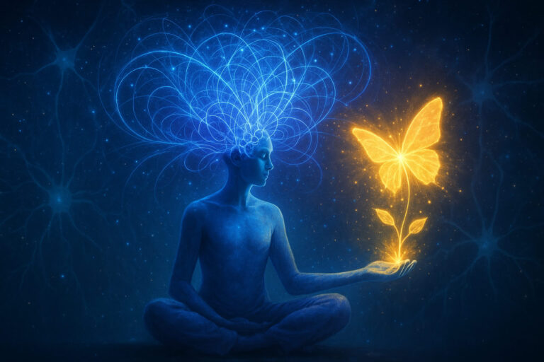 A vibrant digital illustration showing a human silhouette meditating, with quantum wave patterns emanating from their mind, transforming a seed into a blooming flower under a starry sky, symbolizing the power of intention in shaping reality.