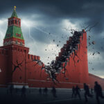 A dramatic illustration of the Kremlin under stormy skies, with cracks forming in its walls symbolizing the failing Russian regime in 2025, evoking themes of geopolitical instability and economic collapse.