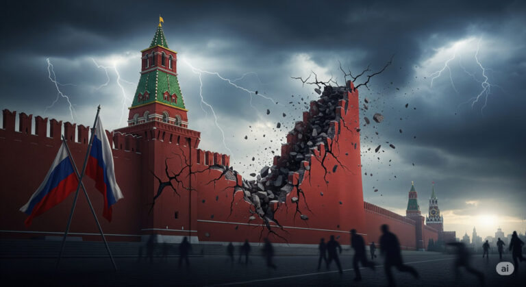 A dramatic illustration of the Kremlin under stormy skies, with cracks forming in its walls symbolizing the failing Russian regime in 2025, evoking themes of geopolitical instability and economic collapse.