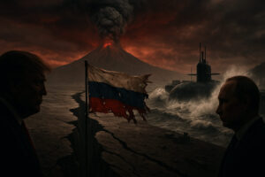 A dramatic illustration of a fractured Russian landscape with earthquake cracks, submarines in a stormy sea, and shadowy figures of world leaders in the background, symbolizing geopolitical instability.