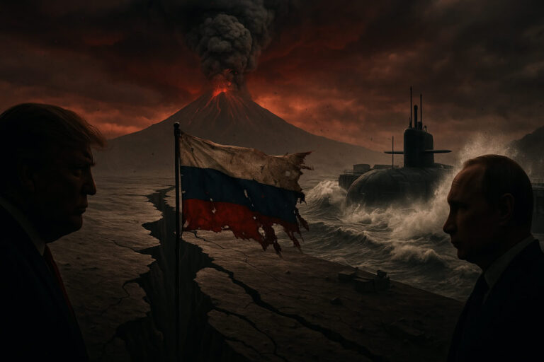 A dramatic illustration of a fractured Russian landscape with earthquake cracks, submarines in a stormy sea, and shadowy figures of world leaders in the background, symbolizing geopolitical instability.