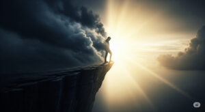 A symbolic illustration of a person emerging from dark shadows into radiant light, representing the path from inner turmoil to spiritual freedom and personal growth.