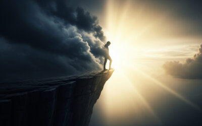 A symbolic illustration of a person emerging from dark shadows into radiant light, representing the path from inner turmoil to spiritual freedom and personal growth.