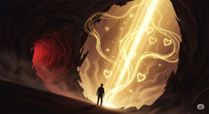 A symbolic image depicting a shadowy figure emerging from darkness into a radiant light, representing the journey from inner hate to liberating love in spiritual growth.