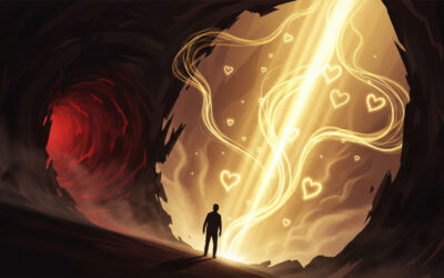 A symbolic image depicting a shadowy figure emerging from darkness into a radiant light, representing the journey from inner hate to liberating love in spiritual growth.