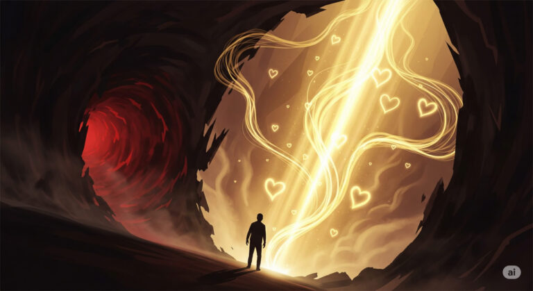 A symbolic image depicting a shadowy figure emerging from darkness into a radiant light, representing the journey from inner hate to liberating love in spiritual growth.