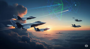 Dramatic aerial view of fighter jets silhouetted against a stormy dawn sky, symbolizing the intense China-US military standoff near Taiwan in 2025.