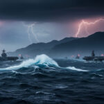 A dramatic view of Chinese warships sailing in formation under a stormy sky, approaching Taiwan’s coastline with tension in the air.