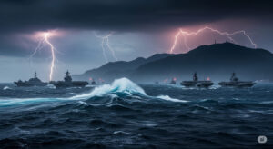 A dramatic view of Chinese warships sailing in formation under a stormy sky, approaching Taiwan’s coastline with tension in the air.
