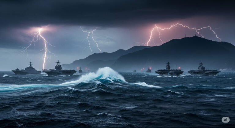 A dramatic view of Chinese warships sailing in formation under a stormy sky, approaching Taiwan’s coastline with tension in the air.