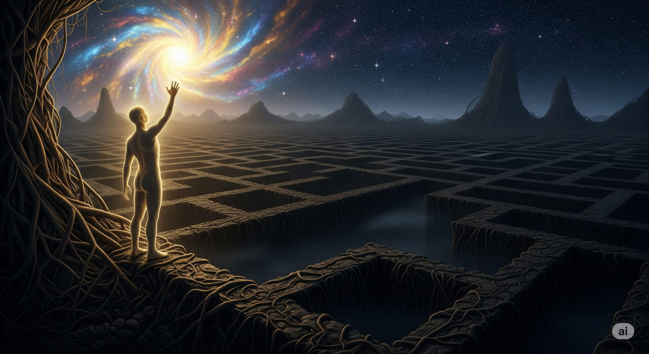 A glowing figure steps out of a shadowy maze, reaching toward a radiant light symbolizing spiritual freedom.
