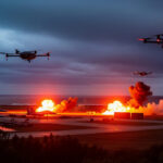 A dramatic depiction of Ukrainian drones targeting a Russian airfield under night skies, symbolizing the intensifying conflict in Crimea with explosions lighting up military assets.