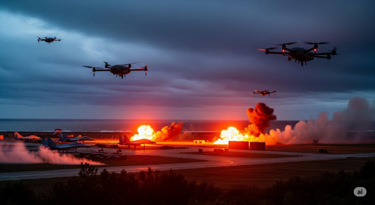 A dramatic depiction of Ukrainian drones targeting a Russian airfield under night skies, symbolizing the intensifying conflict in Crimea with explosions lighting up military assets.